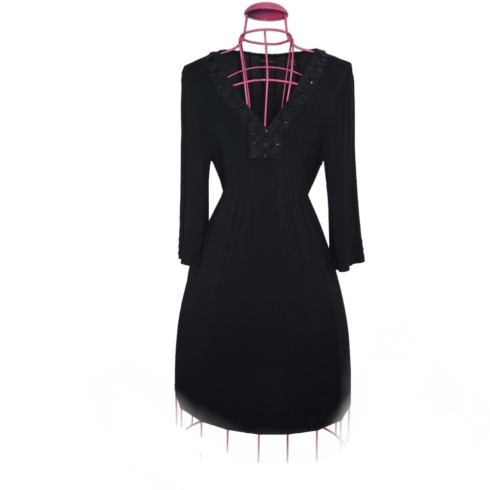 New York & Company Black A-Line dress with sleeves. Sz M. V- neck w/gem detail